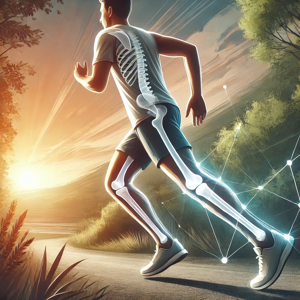 Illustration of a runner in motion on a natural trail at sunrise, featuring a subtle X-ray effect highlighting healthy leg bones. The image conveys energy and the prevention of bone injuries in a positive setting.