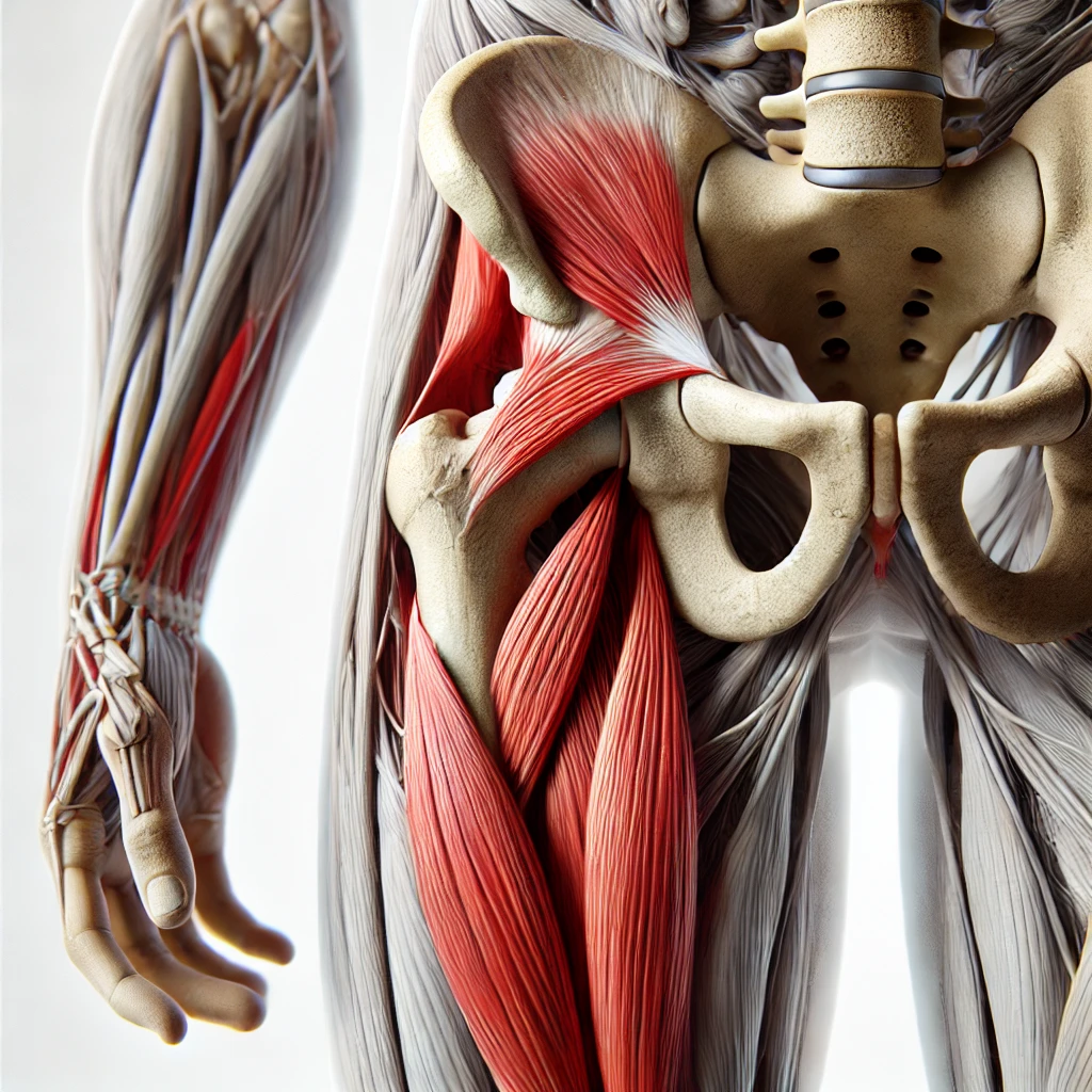 Illustration depicting the tensor fasciae latae (TFL) muscle, its connection to the iliotibial band (ITB), and surrounding structures. It is designed to aid in understanding its anatomy and function.