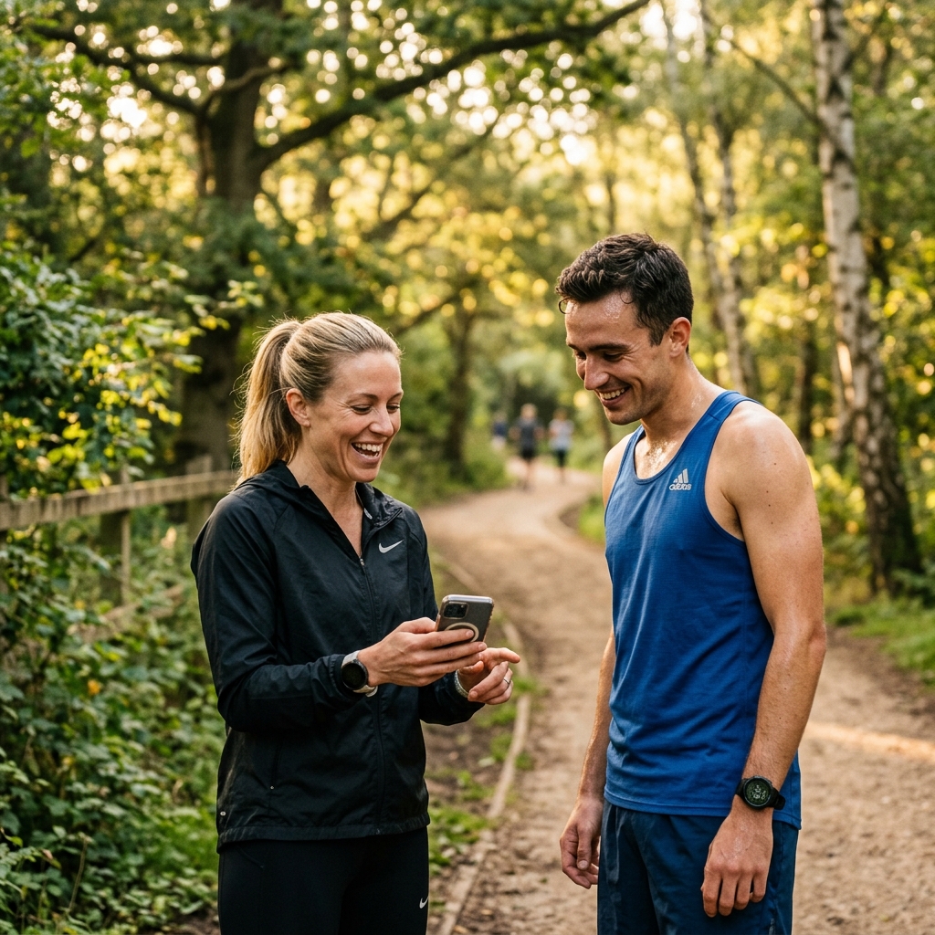 Running coach chatting with her athlete on a trail, showing data on her phone
