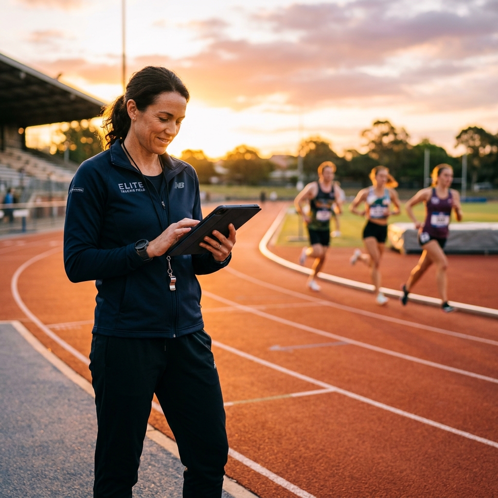 Running coach analyzing athlete data with AI-powered smart dashboards on a track at sunset