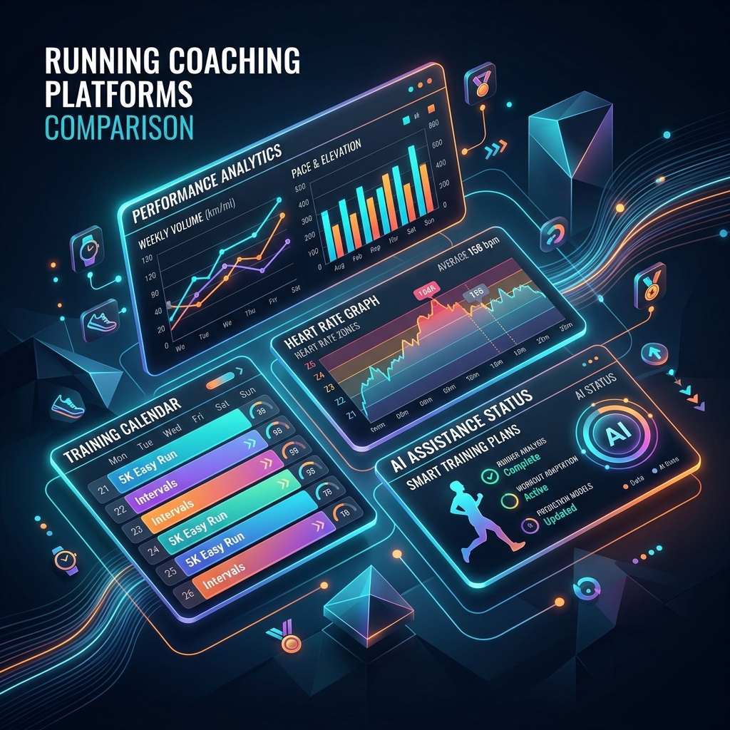 Comparativa de plataformas de software para entrenadores de running mostrando analíticas, calendarios y funciones de IA